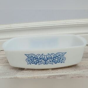 Vintage Federal Glass Blue Scroll Milk Glass Loaf Pan 1.5 QT